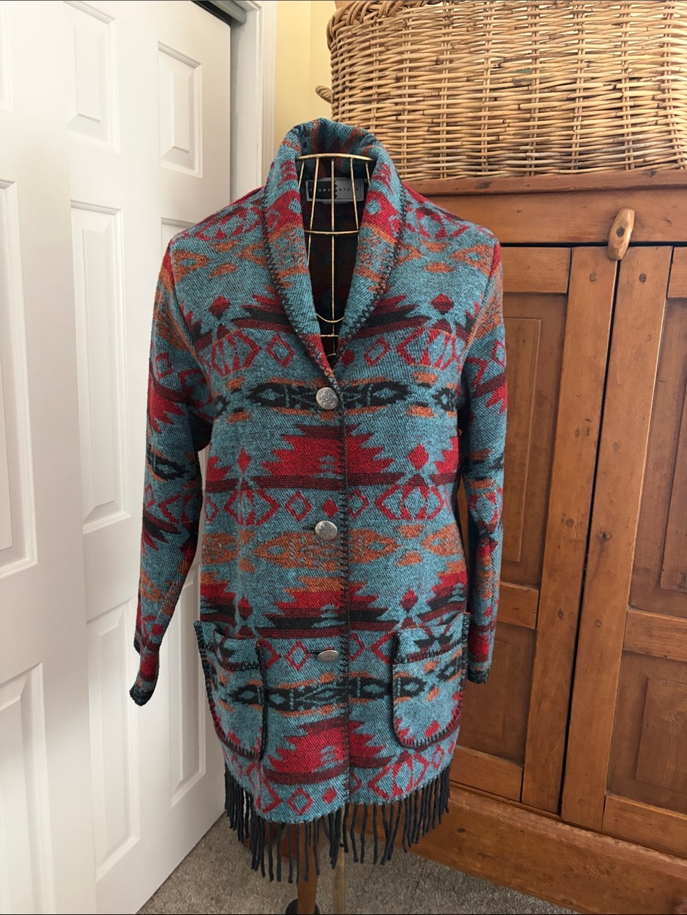 VINTAGE Rhonda Stark Southwest Blanket Cardigan with Fringe OVERSIZED